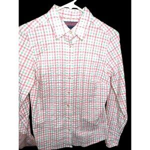 Vineyard Vines Long Sleeve Shirt Blouse 6 Pink Green Gingham Silk Flip Sleeve